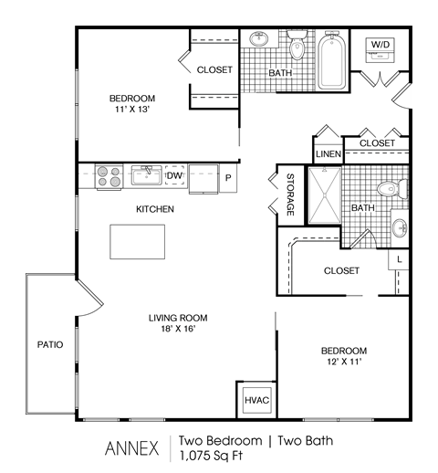 Floor plan for 2 beds, 2 baths, 1061 sqft